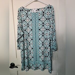 Charter Club - Aqua and Black Patterned 3/4 Sleeve Blouse